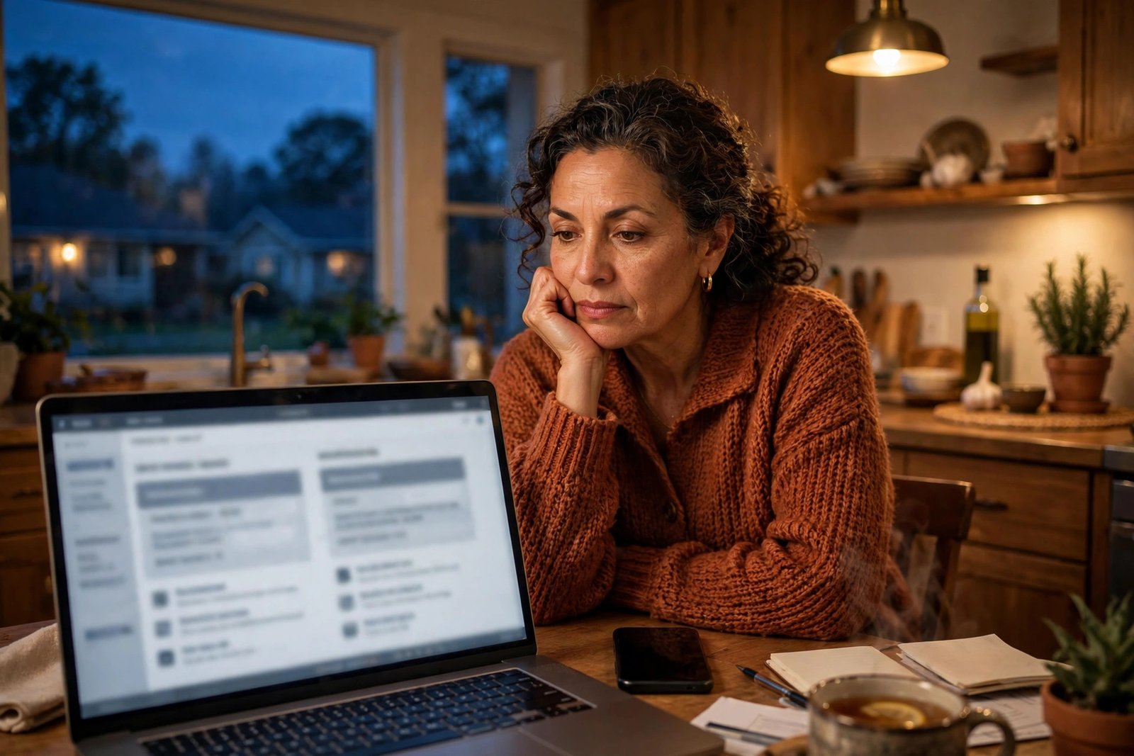 Clienta investigando seguros en línea desde su casa, de noche, frente a su computadora