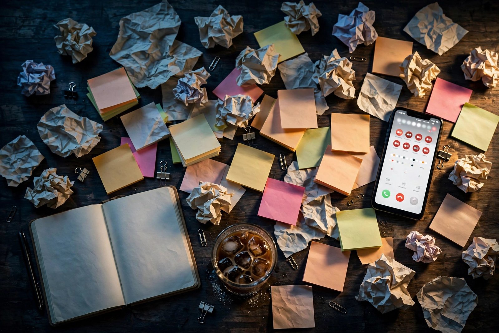 Escritorio de un agente sin sistema: notas sueltas, papeles arrugados, libreta en blanco y un teléfono sonando